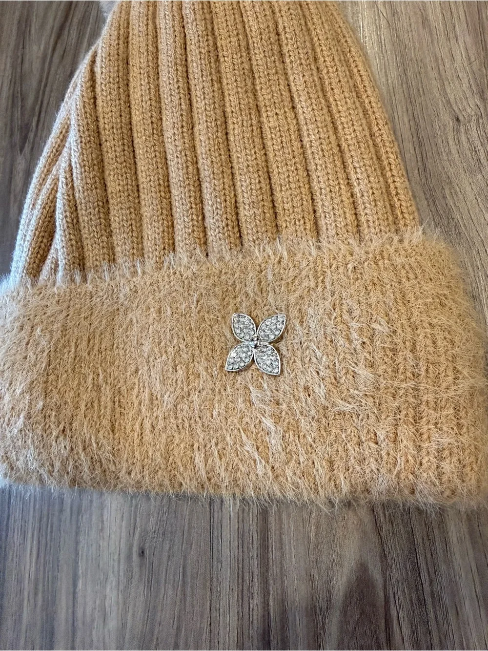 Women’s Plush Ribbed Pom Beanie Hat with Crystal Flower - Tan